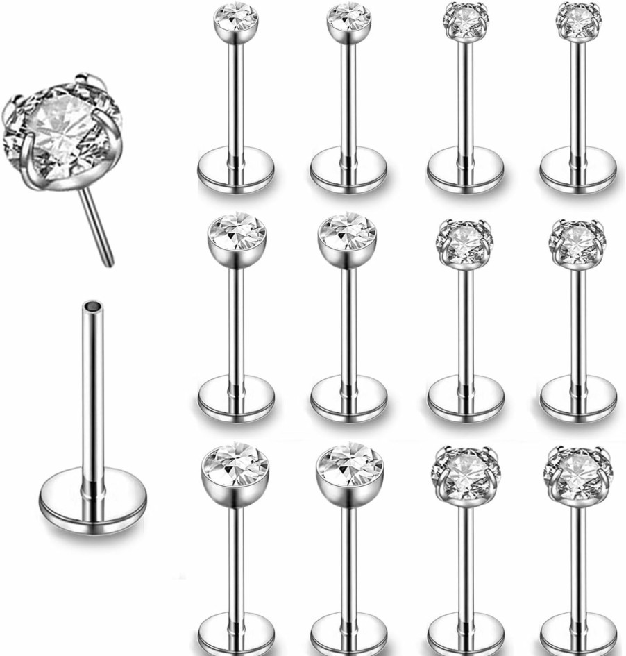 ZS Zs 12Pcs 16G Pushin Lip Rings, Stainless Steel Medusa Piercing Jewelry, 2Mm 3Mm 4Mm Cz Forward Helix Earring, Labret Monroe Piercing Jewelry For Women Men | Body Piercing Rings