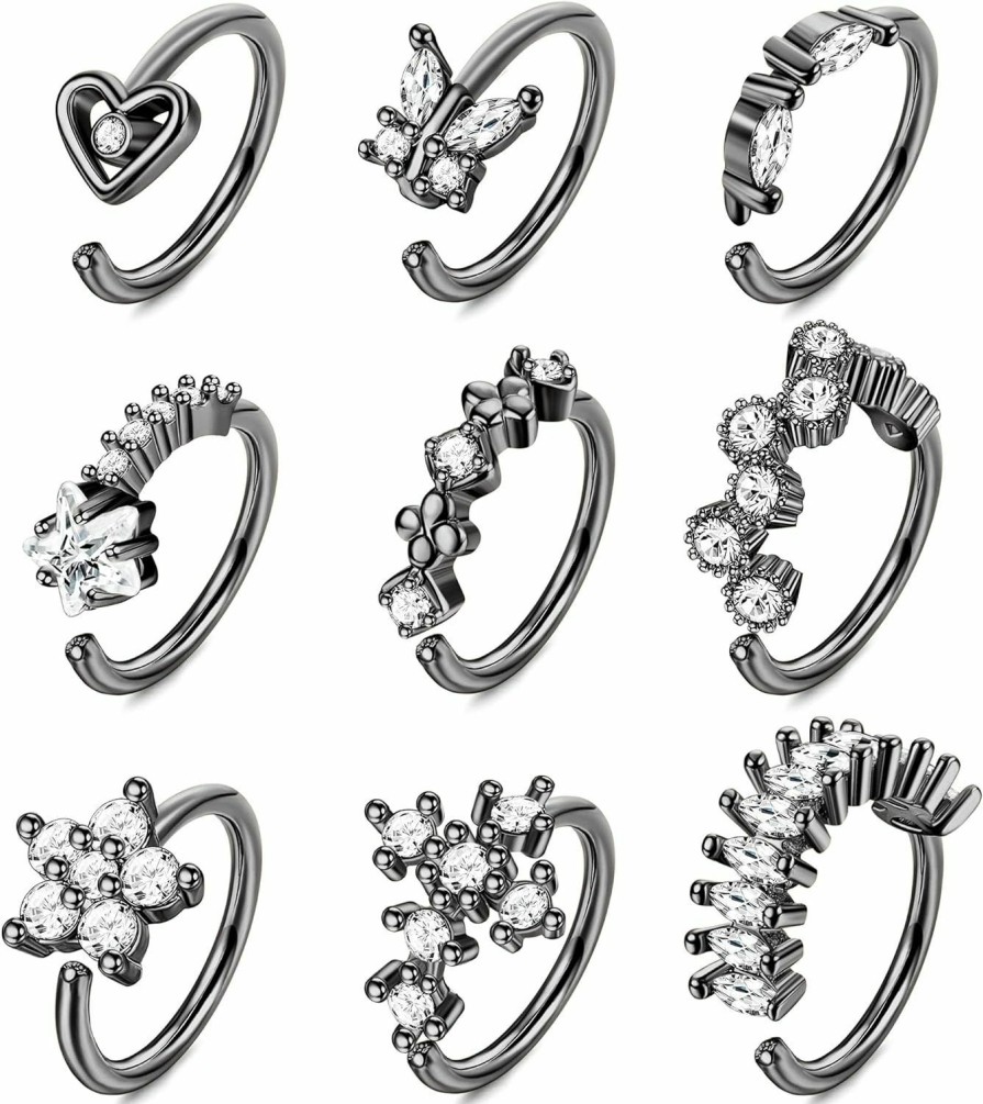 Drperfect Drperfect 20G Stainless Steel Nose Ring Hoop For Women Men Paved Cz Butterfly Flower Heart Star Cross Cartilage Helix Tragus Earring Hoop Piercing For Nose Ear Silver Gold Rose Gold Black Plated | Body Piercing Rings