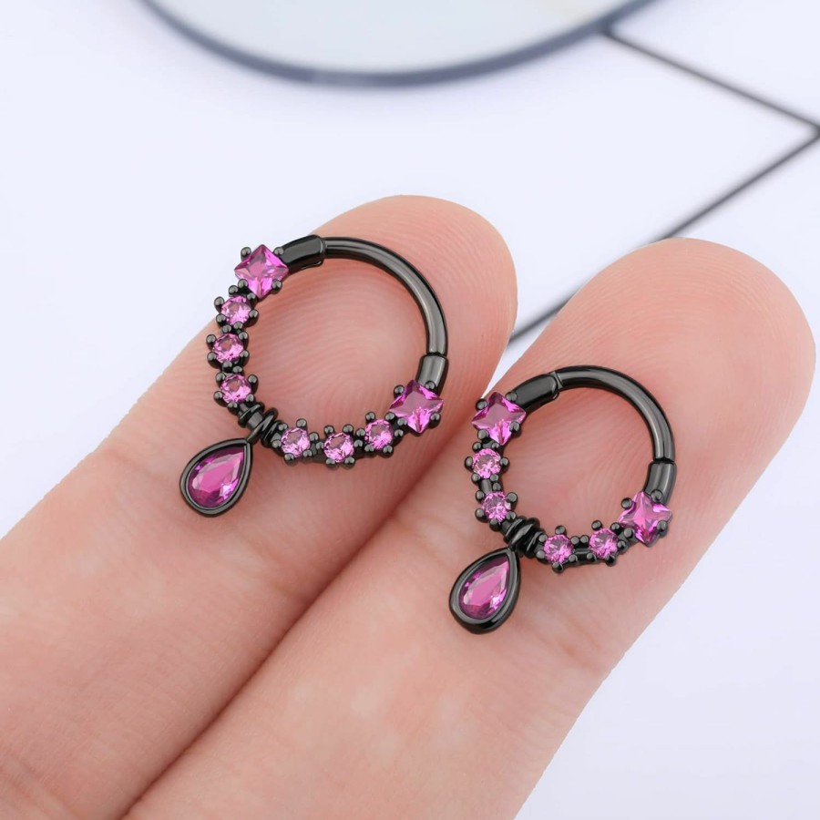 Melighting Melighting Black Septum Rings 16G Teardrop Septum Jewelry Clear Cz Surgical Steel 316L Dangle Daith Earrings Helix Earring Conch Tragus Piercing For Women Men | Body Piercing Rings