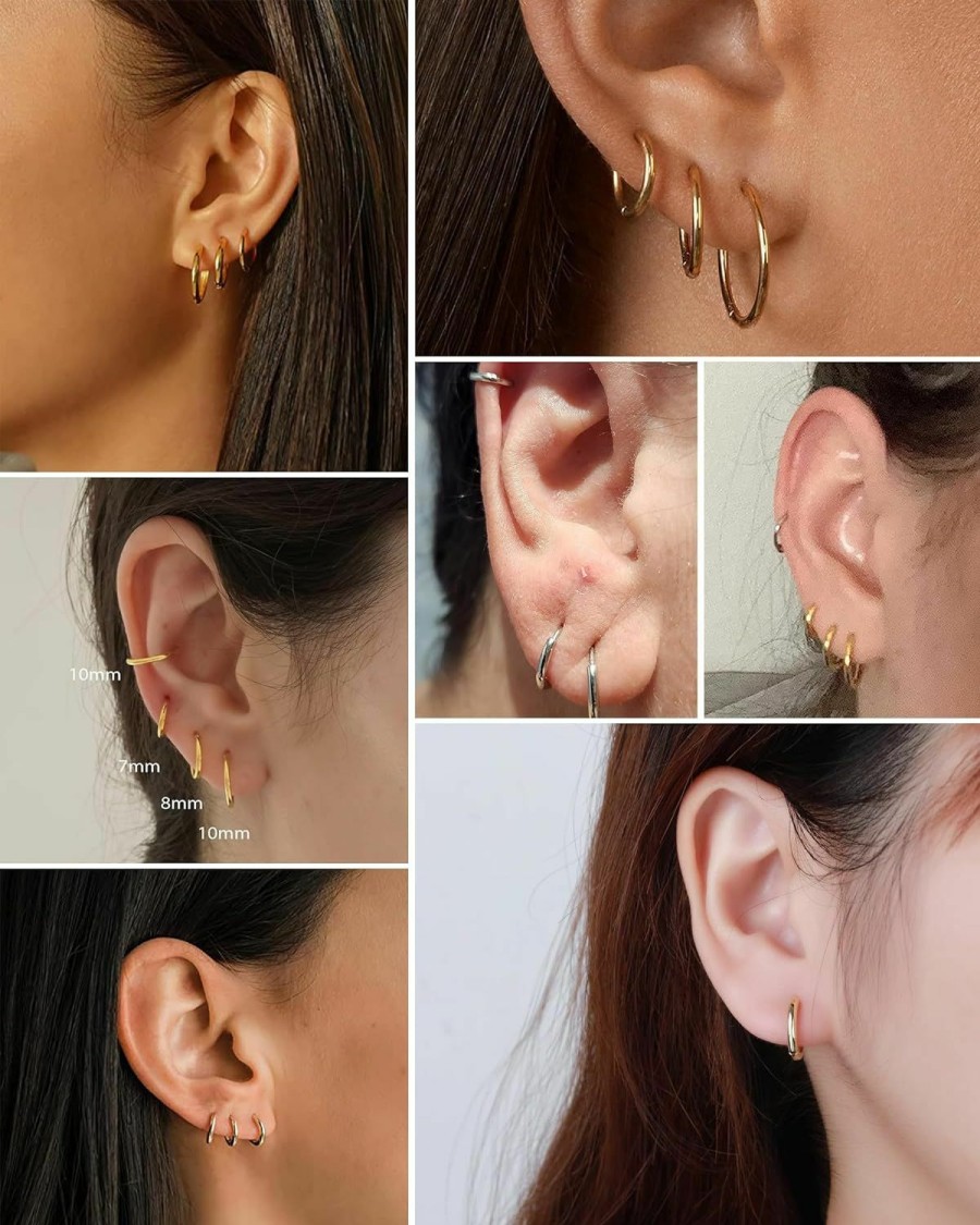 Jewseen Jewseen 14K Gold Tiny Hoop Earrings Huggie Hoop Earrings 20G Small Endless Hinged Hoops For Earlobe 6Mm 8Mm 10Mm Septum Hoop Septum Ring Cartilage Helix Earrings Nose Hoop For Women Men | Body Piercing Rings