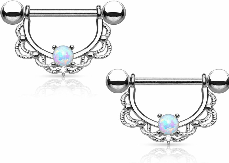 Pierced Owl Pierced Owl - 14Ga Stainless Steel Synthetic Opal Centered Filigree Drop Nipple Rings, Sold As A Pair | Body Piercing Rings