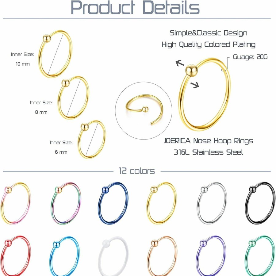 JOERICA Joerica 36Pcs 20G Stainless Steel Nose Ring Hoop For Women Men Nose Piercing Jewelry Septum Ring Lip Cartilage Helix Hoop Piercing 6Mm 8Mm 10Mm | Body Piercing Rings