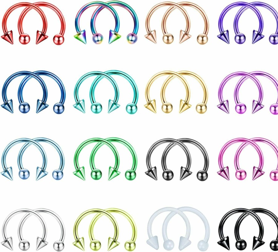 JOERICA Joerica 32Pcs 16G Horseshoe Septum Rings Stainless Steel Nose Circular Barbells Rings Cartilage Tragus Helix Eyebrow Colorful Daith Earring Piercings Body Jewelry Ball/Arrow 8Mm 10Mm | Body Piercing Rings