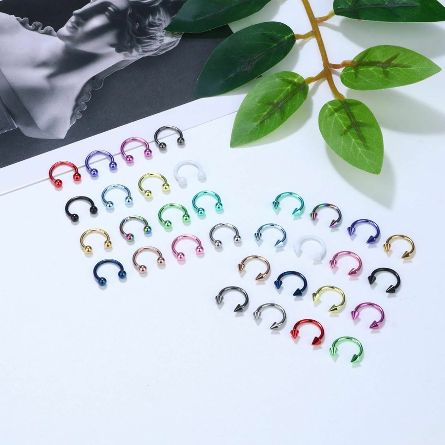 JOERICA Joerica 32Pcs 16G Horseshoe Septum Rings Stainless Steel Nose Circular Barbells Rings Cartilage Tragus Helix Eyebrow Colorful Daith Earring Piercings Body Jewelry Ball/Arrow 8Mm 10Mm | Body Piercing Rings