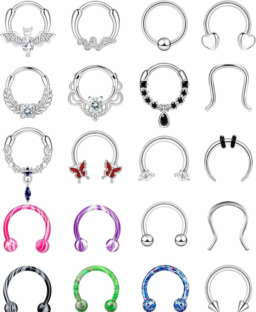 Florideco Florideco 20 Pcs Septum Rings 16G Septum Jewelry Septum Rings For Women Dangle Septum Piercing Nose Teardrop Cz Butterfly Horseshoe Nose Hoop Rings Lip Tragus Cartilage Earrings Stainless Steel Nose Ring Hoop 10Mm | Body Piercing Rings