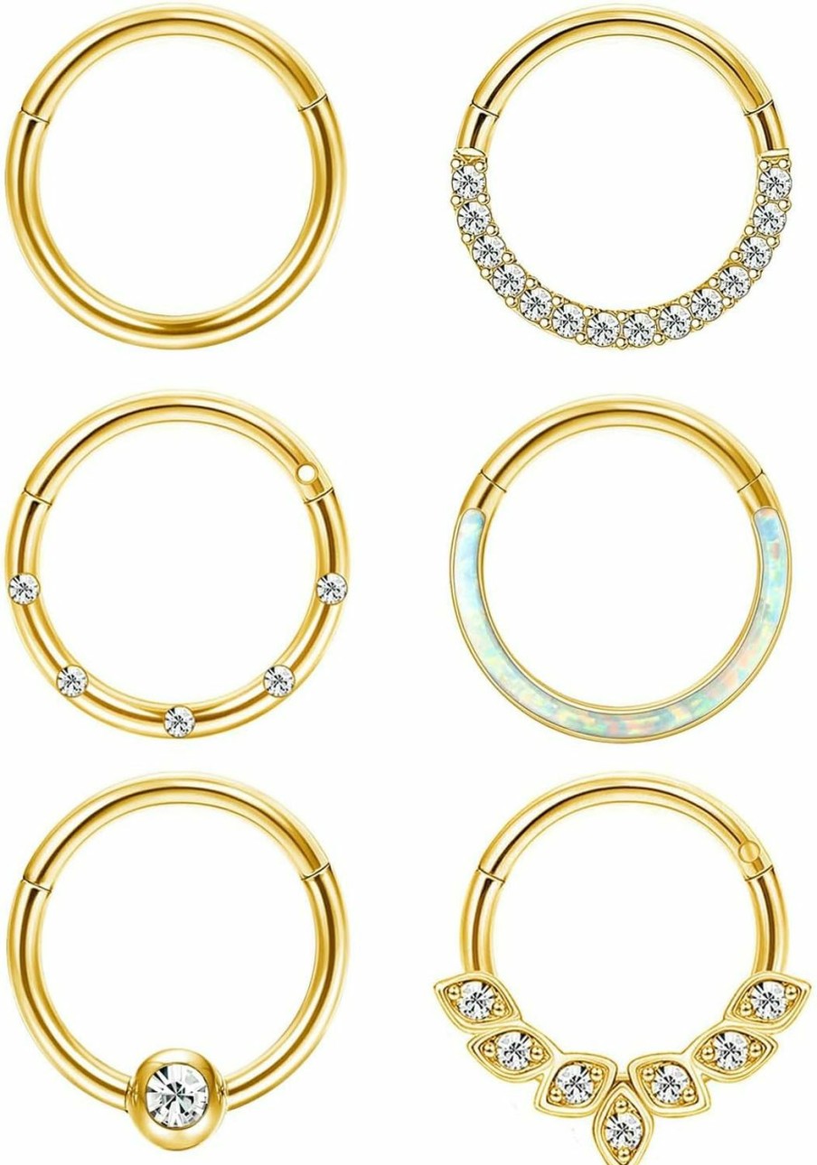 Jstyle Jstyle 6Pcs 16G 18G Septum Rings Surgical Steel Nose Rings Hoop For Women Opal Cz Daith Cartilage Hoop Earring Clicker Septum Jewelry Hinged Hoop Nose Ring Lip Helix Rook Tragus Piercing Jewelry | Body Piercing Rings