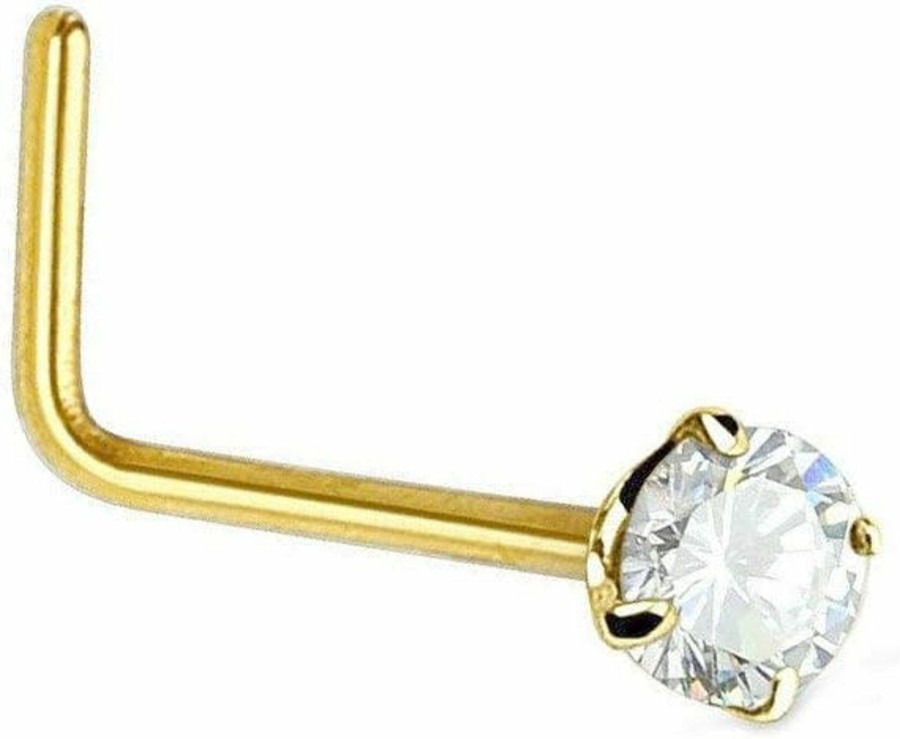 JewelStop Jewelstop 14K Solid Yellow Gold Nose Ring Bone Cz Prong Set - 0.5Mm 24 Gauge 8Mm Long | Body Piercing Rings