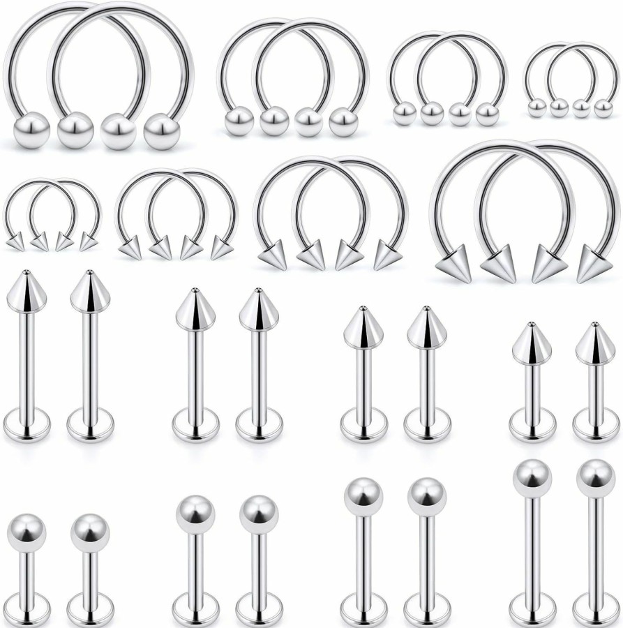 Ftovosyo Ftovosyo Lip Rings 32Pcs Labret Jewelry Monroe Lip Barbell Ring Snake Bite Piercing Jewelry 16G Helix Earring Daith Tragus Cartilage Studs Surgical Steel Piercing Jewelry For Women Men | Body Piercing Rings