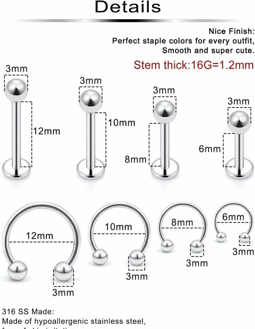 Ftovosyo Ftovosyo Lip Rings 32Pcs Labret Jewelry Monroe Lip Barbell Ring Snake Bite Piercing Jewelry 16G Helix Earring Daith Tragus Cartilage Studs Surgical Steel Piercing Jewelry For Women Men | Body Piercing Rings