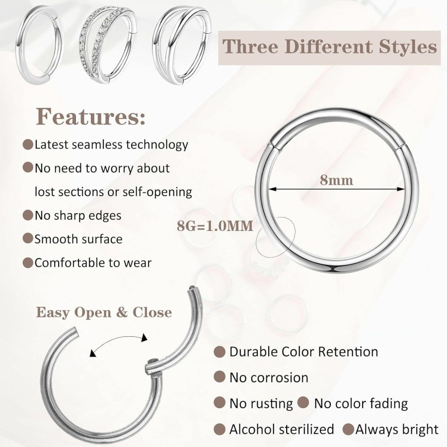 Yolev Yolev 3 Pcs Nose Rings Hoops Surgical Steel Earrings Tragus Septum Piercing Earrings Jewelry For Cartilage Helix Rook Tragus 1.0 8Mm Conch Lobe Snug Silver Belly Button Ring | Body Piercing Rings