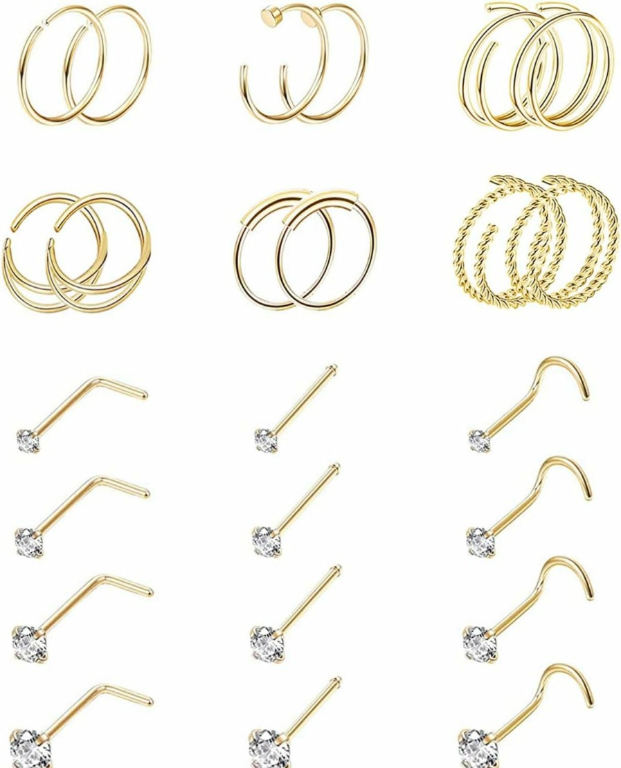 Vegolita Vegolita 24Pcs 20G Surgical Steel Nose Rings Hoop Nose Studs Tragus Cartilage Earrings Piercing Jewelry 1.5Mm 2Mm 2.5Mm 3Mm Cz | Body Piercing Rings