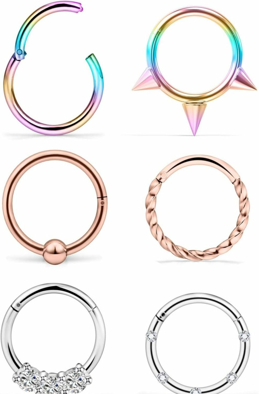 SCERRING Scerring 6Pcs 16G Stainless Steel Hinged Clicker Segment Septum Nose Lip Ring Hoop Cartilage Tragus Sleeper Earrings Body Piercing Jewelry Braided 10Mm | Body Piercing Rings