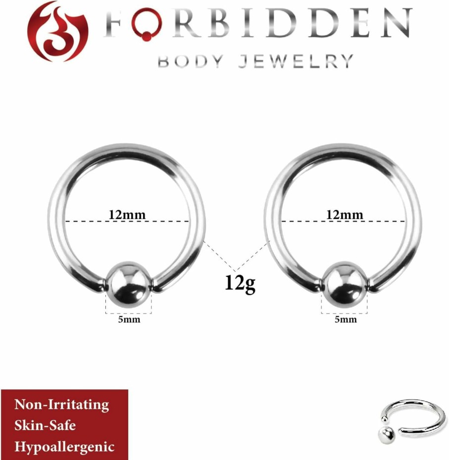 Forbidden Body Jewelry Forbidden Body Jewelry 12G-Og Surgical Steel Piercing Hoops Large Gauge Size Captive Bead Body Piercing Rings 2Pcs (Select Gauge/Diameter) | Body Piercing Rings