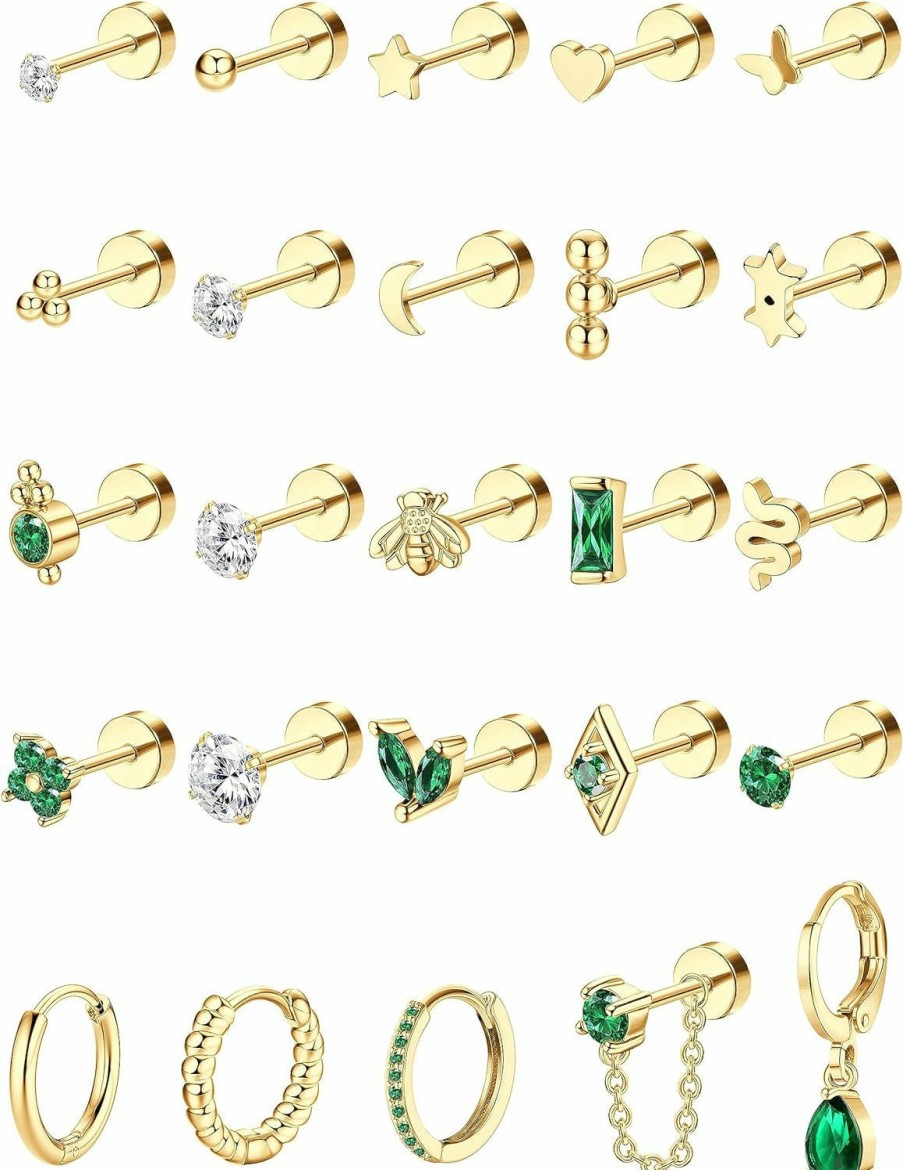 ADRAMATA Adramata Tiny Gold Flat Back Earrings For Cartilage Surgical Steel Stud Hoop Earrings Set For Multiple Piercing Cute Star Moon Snake Butterfly Cz Chain Dangle Emerald Green Earrings Helix Piercing Jewelry Hypoallergenic 20G | Body Piercing Rings