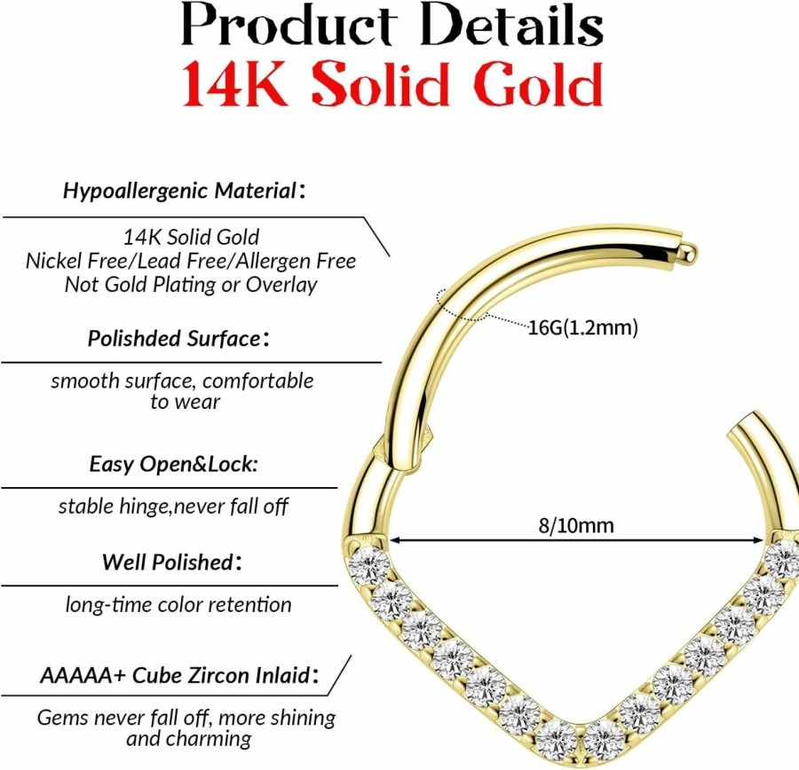 FUNLMO Funlmo 14K Solid Gold Nose Ring Hoop 16G Septum Daith Ring Teardrop Septum Daith Jewelry Yellow Gold Conch Tragus Helix Rook Daith Piercing Jewelry Cartilage Earring Hinge Segment Rings Hoop For Women Men Clear Cube Zircon Paved | Body Piercing Rings