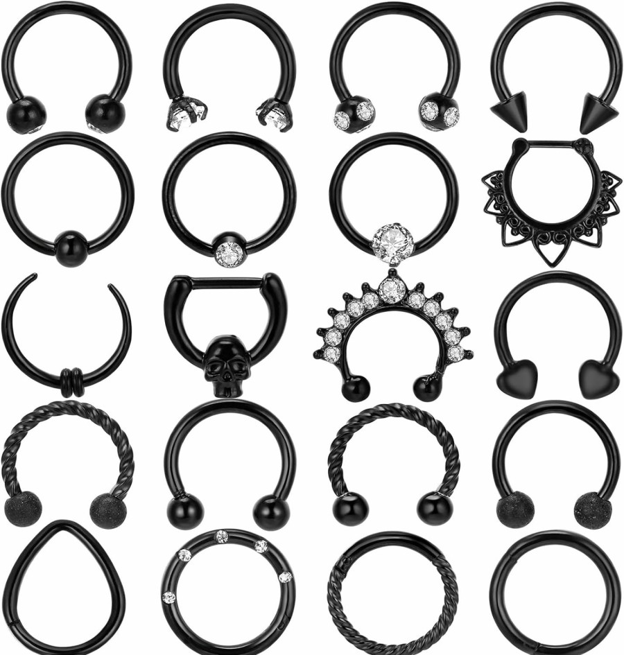 AUGVO Augvo Black Septum Rings For Men, 20Pcs 16G Black Septum Piercing Nose Septum Jewelry Nose Piercing Jewelry Horseshoe Helix Tragus Earring Lip Black Nose Hoop For Women Men | Body Piercing Rings