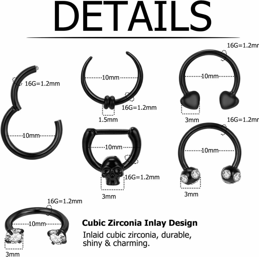 AUGVO Augvo Black Septum Rings For Men, 20Pcs 16G Black Septum Piercing Nose Septum Jewelry Nose Piercing Jewelry Horseshoe Helix Tragus Earring Lip Black Nose Hoop For Women Men | Body Piercing Rings