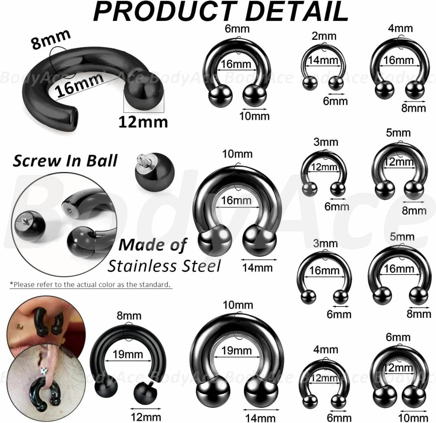 BodyAce Bodyace Black Circular Barbells Horseshoe Septum Rings, Surgical Steel Pa Rings In 00G 0G 2G 4G 6G 8G 12G, Captive Bead Ring Cbr Body Piercing Jewelry Set | Body Piercing Rings