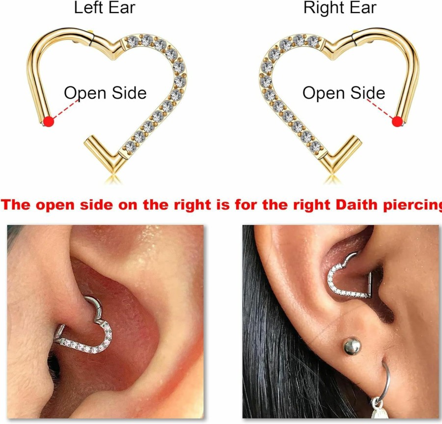 FINE4U Fine4U Heart Daith Piercing Jewelry 16G 8Mm 10Mm Left Ear - Astm F136 Titanium Clicker Daith Earrings For Women & Men | Body Piercing Rings