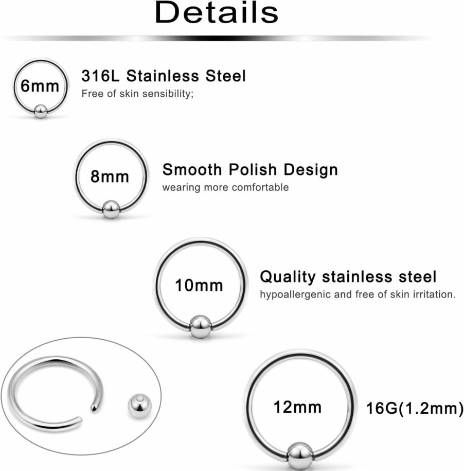 Ftovosyo Ftovosyo Tragus Hoop Earrings Surgical Steel 16G 14G 12G Captive Bead Ring Lip Septum Hoops Body Piercing Jewelry For Women Men 24 Pieces | Body Piercing Rings