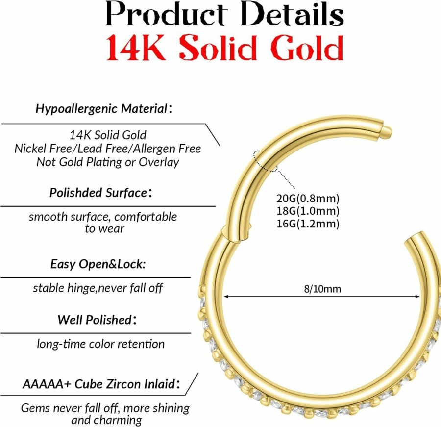 FUNLMO Funlmo 14K Solid Gold Nose Ring Hoop 16G Septum Ring Yellow Gold Conch Daith Tragus Helix Rook Piercing Jewelry Clear Cz Paved Cartilage Earring Lip Ring For Women Men | Body Piercing Rings