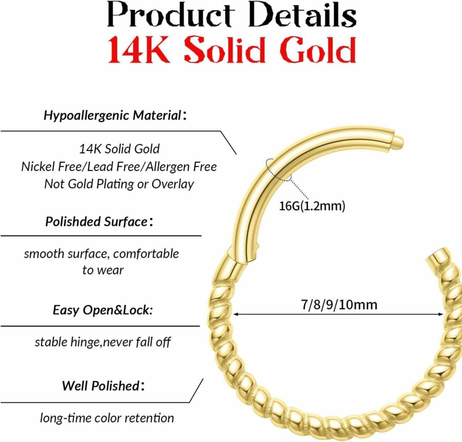 FUNLMO Funlmo 14K Solid Gold Septum Ring Daith Earring 16G Twist Nose Ring Hoop Tragus Helix Cartilage Daith Conch Rook Piercing Jewelry Lip Ring Yellow Gold Hinge Segment Rings Hoop For Women Men | Body Piercing Rings