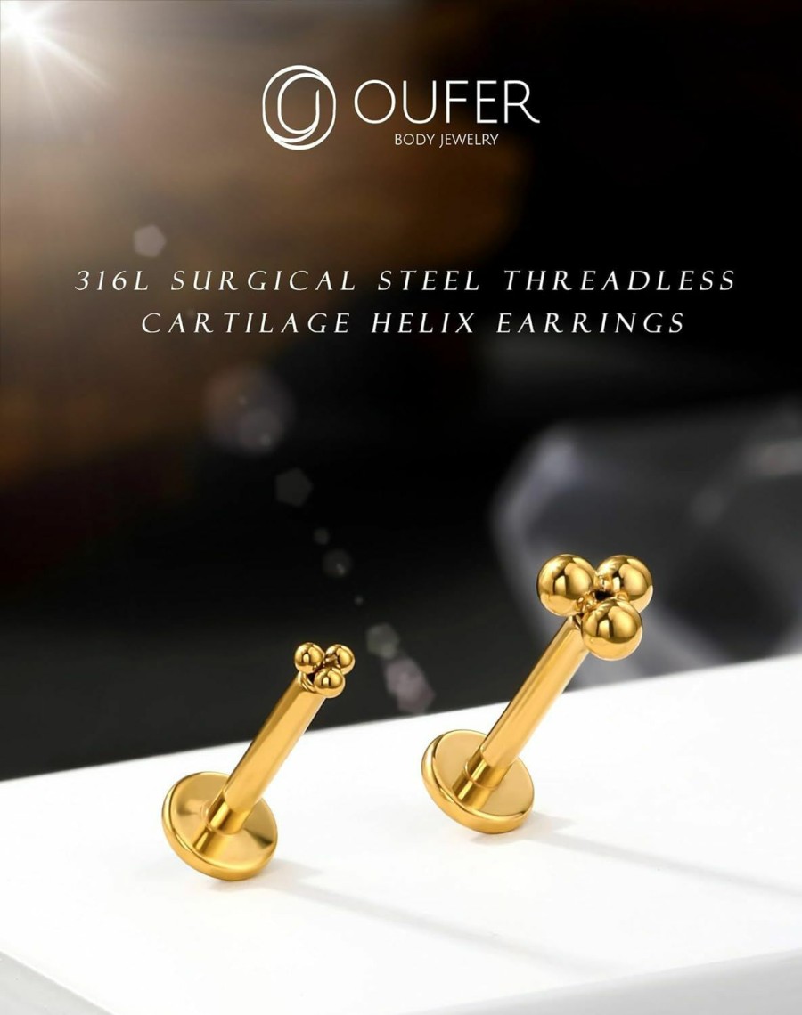 OUFER Oufer 2Pcs Cartilage Earring, 316L Surgical Steel Lip Rings 16G Flat Back Earrings Studs Gold, Threadless Cartilage Helix Conch Tragus Lobe Piercing Jewelry For Women And Men | Body Piercing Rings