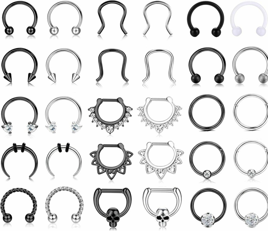 Besteel Besteel 30Pcs Black And Silver Septum Rings Surgical Steel 16G For Women Men| Hypoallergenic Horseshoe Septum Piercing| Small Septum Piercing Jewelry For Cartilage Helix Daith Conch, 10Mm Septum Pincher U-Shaped Nose Ring | Body Piercing Rings