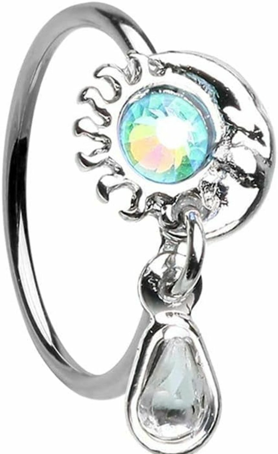 Pierced Owl Pierced Owl 20Ga Stainless Steel Aqua Sun And Crescent Moon With Dangling Gem Bendable Nose Ring | Body Piercing Rings