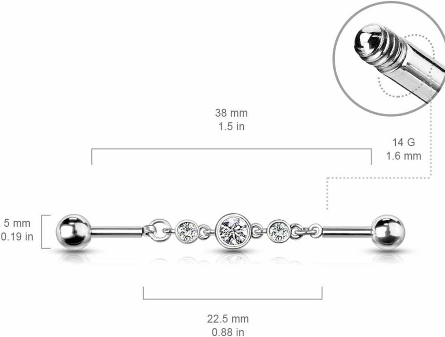 Amelia Fashion Amelia Fashion 14 Gauge Triple Round Cz Chain 316L Surgical Steel Industrial Barbell (Choose Color) | Body Piercing Rings