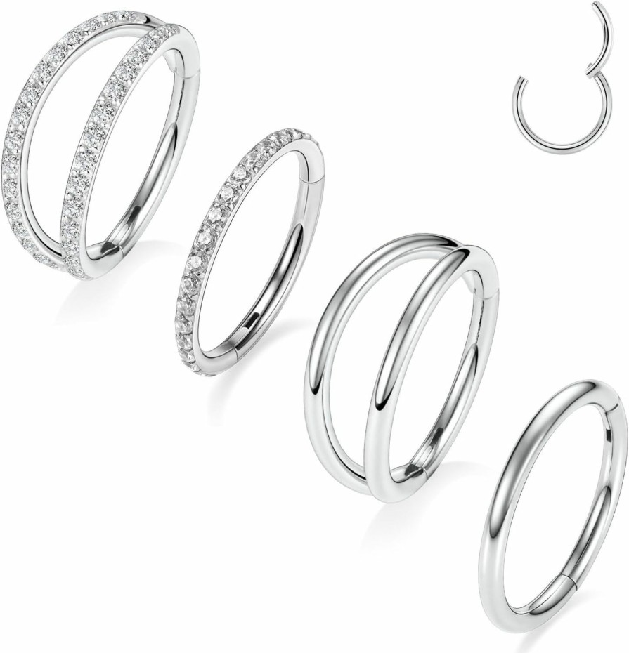 PEAKLINK 4Pcs Cartilage Earrings With Cz Helix Piercings Nose Rings Hoops 16G 18G Double Nose Hoop Ring 18G Daith Earrings Surgical Steel Septum Clicker Rings Septum Jewelry Rook Tragus Pierxing Jewelry | Body Piercing Rings