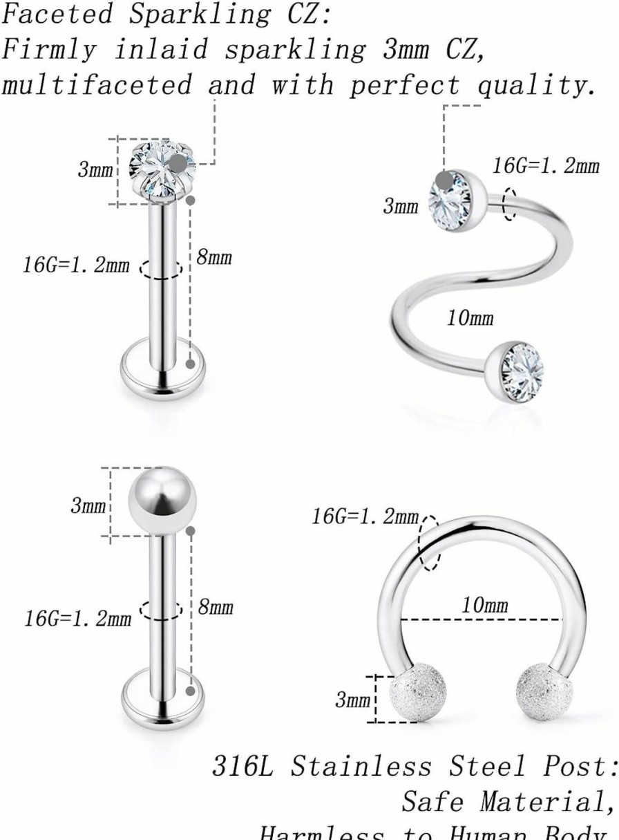 Xnsjeyy Xnsjeyy 16G Lip Rings For Women Stainless Steel Horseshoe Rings Lip Studs Medusa Labret Monroe Lip Rings Piercing Jewelry Tragus Helix Cartilage Forward Earrings Piercing Jewelry Retainer 19Pcs | Body Piercing Rings