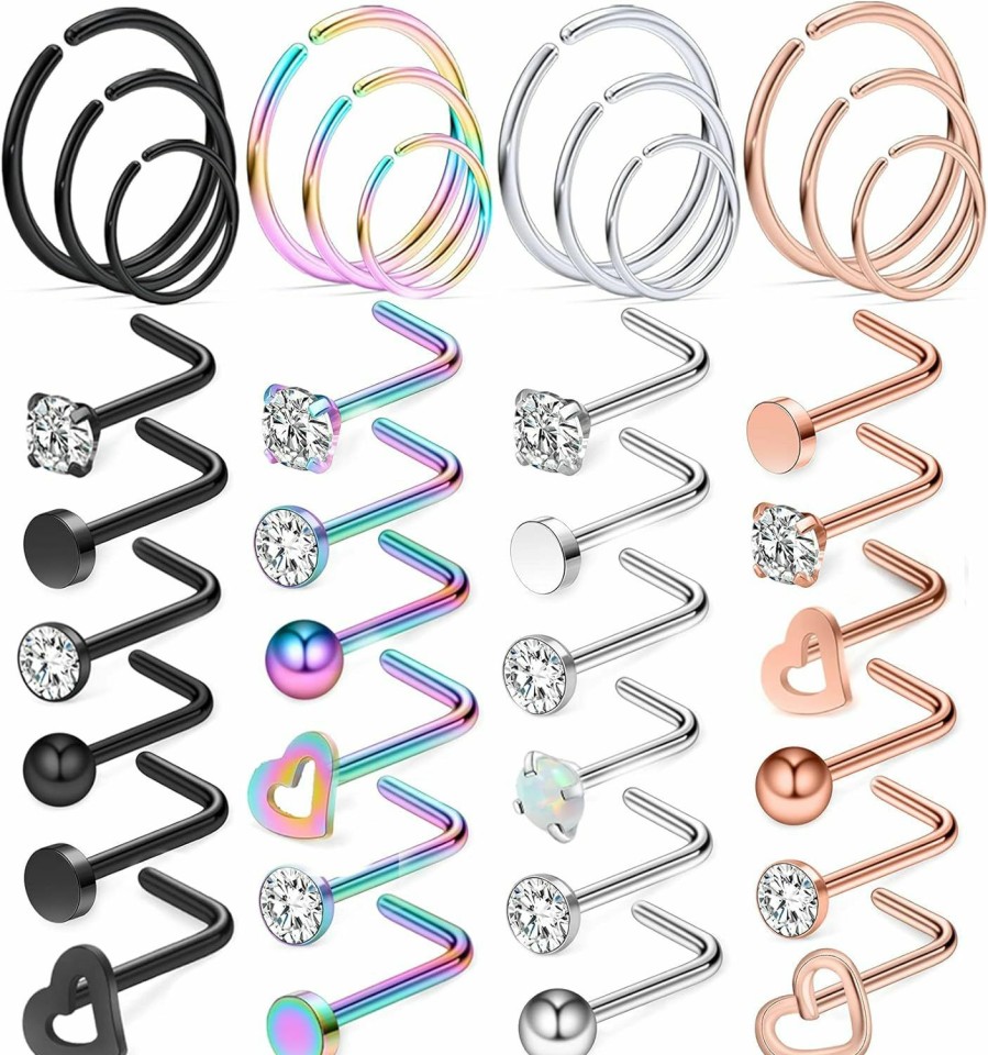 Yaalozei Yaalozei 18G 20G 22G Nose Rings Studs 316L Surgical Steel Hypoallergenic L Shape Screw Nose Rings Nose Hoop Diamond Heart Nostril Nose Piercing Jewelry For Women Men Silver Rose Gold Black Rainbow | Body Piercing Rings