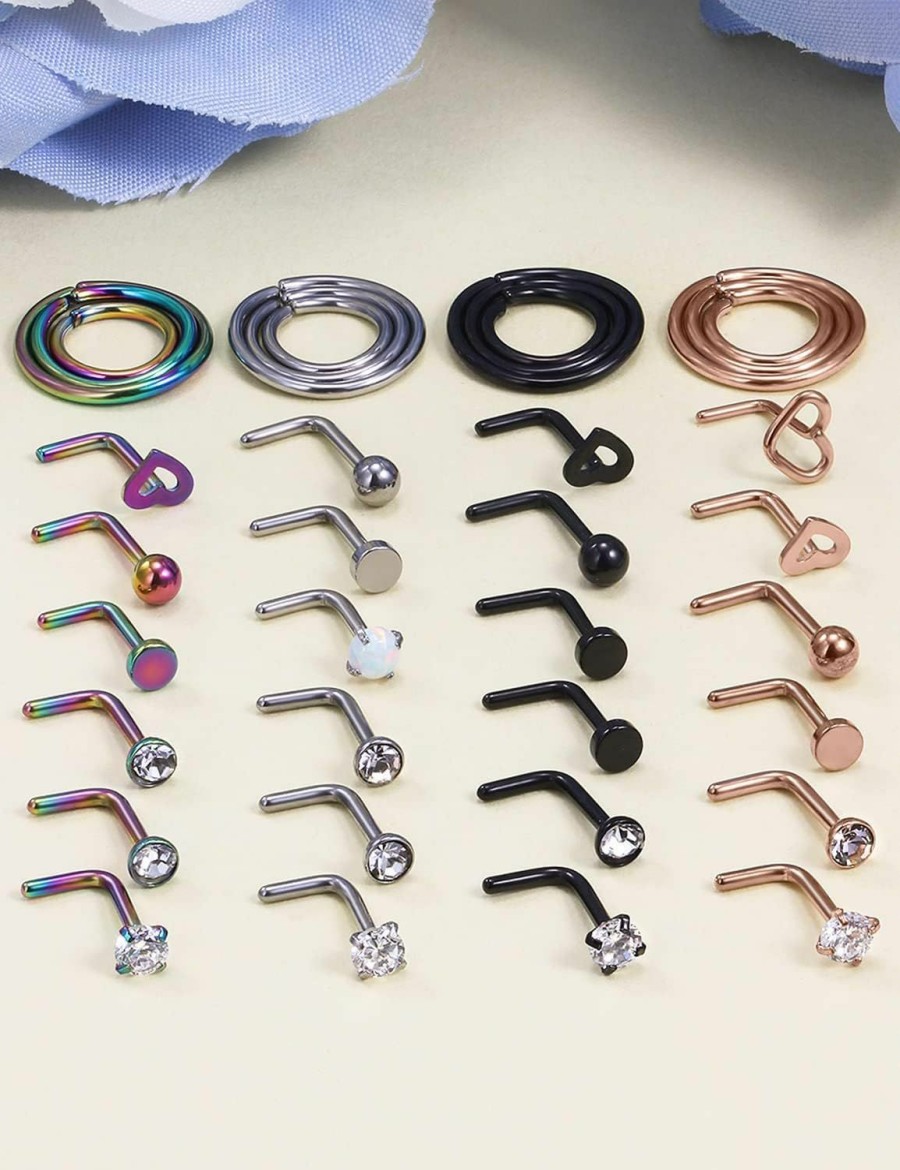 Yaalozei Yaalozei 18G 20G 22G Nose Rings Studs 316L Surgical Steel Hypoallergenic L Shape Screw Nose Rings Nose Hoop Diamond Heart Nostril Nose Piercing Jewelry For Women Men Silver Rose Gold Black Rainbow | Body Piercing Rings