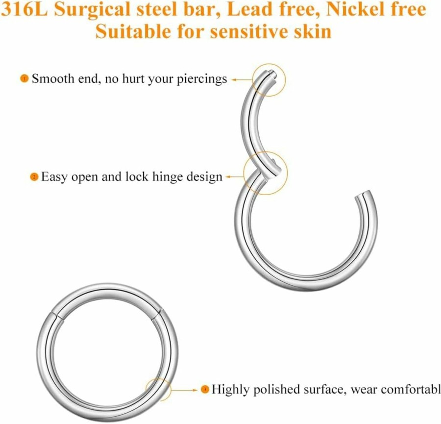 MissNity Missnity 4G 6G 8G 10G 12G Clicker Rings 316L Surgical Steel Hinged Segment Hoop For Septum And Cartilage Earlobe Piercings, Diameter 10Mm 12Mm 14Mm | Body Piercing Rings