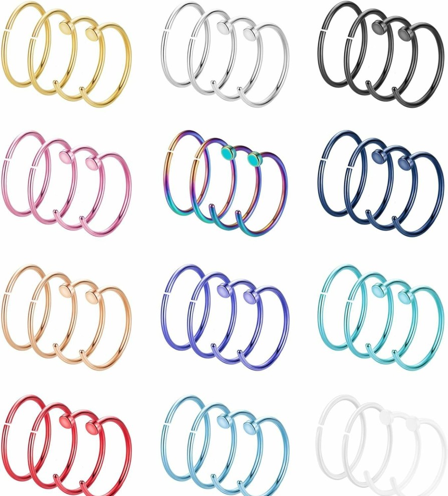 NICEIGHT Niceight 48Pcs 18G 20G 22G Stainless Steel Nose Ring Hoop For Women Men Nose Hoops Colorful Nose Rings Cartilage Helix Earrings Lip Rings Nose Piercing Jewelry 8Mm 10Mm | Body Piercing Rings