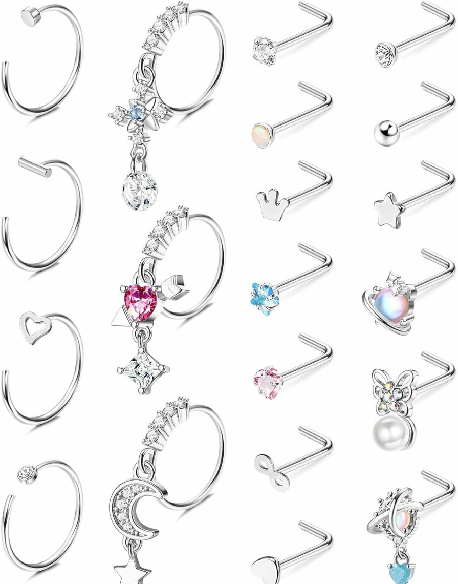 YADOCA Yadoca 20 Pcs 20G Dangle Nose Rings For Women Surgical Steel Nose Rings Stud Hoop Set L Shaped Butterfly Heart Moon Star Dangling Nose Piercing Jewelry | Body Piercing Rings