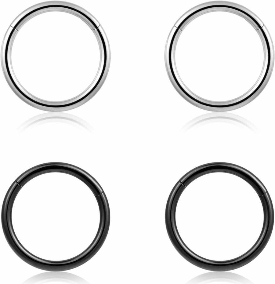 SEVEN LADY 4Pcs 16G 18G 20G Surgical-Steel-Piercing-Ring-Nose-Rings-Hinged-Hoop-Earrings,6Mm 8Mm 10Mm 12Mm Seamless Stainless Steel Clicker Eyebrow Septum Piercing Hoop,Sliver Black Gold Rose Gold Rainbow Body Jewelry Set | Body Piercing Rings