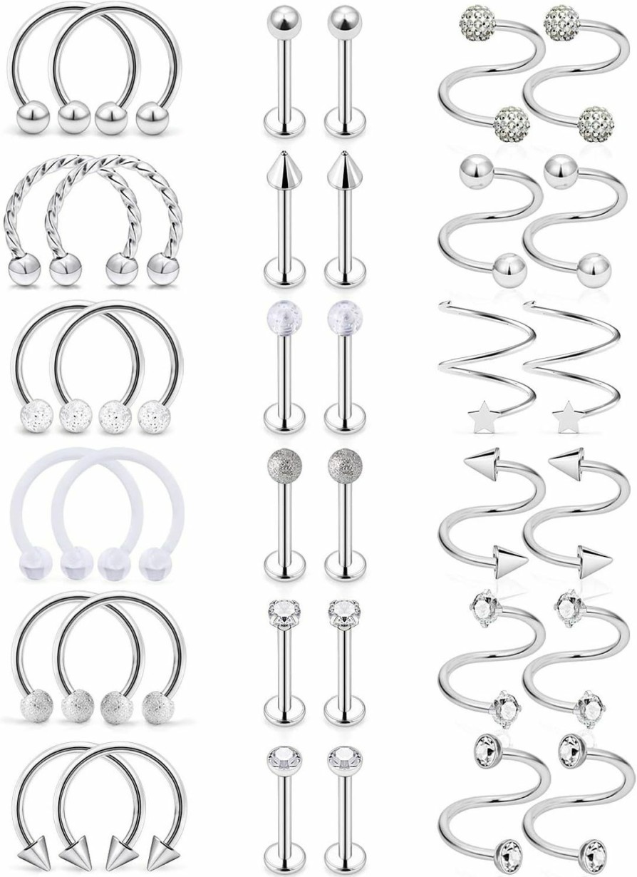 SCERRING Scerring Tragus Earrings 16G Stainless Steel Horseshoe Lip Rings Nail Tragus Helix Rook Cartilage Earrings Studs Ring Medusa Piercing Jewelry 8Mm 36Pcs | Body Piercing Rings