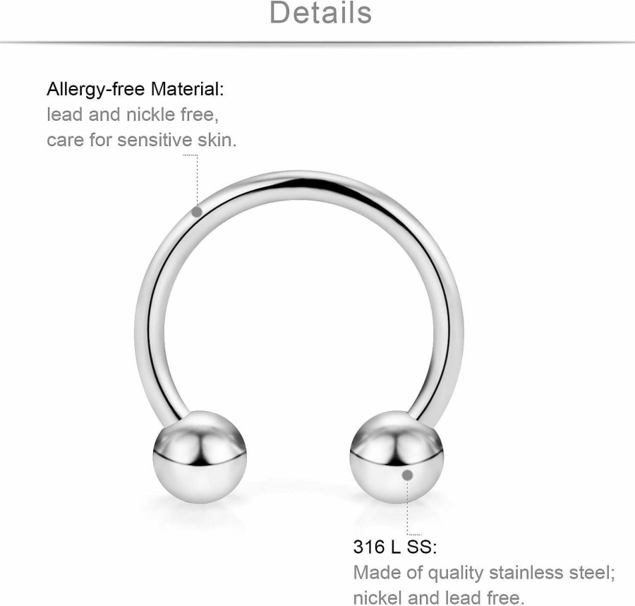 SCERRING Scerring Tragus Earrings 16G Stainless Steel Horseshoe Lip Rings Nail Tragus Helix Rook Cartilage Earrings Studs Ring Medusa Piercing Jewelry 8Mm 36Pcs | Body Piercing Rings