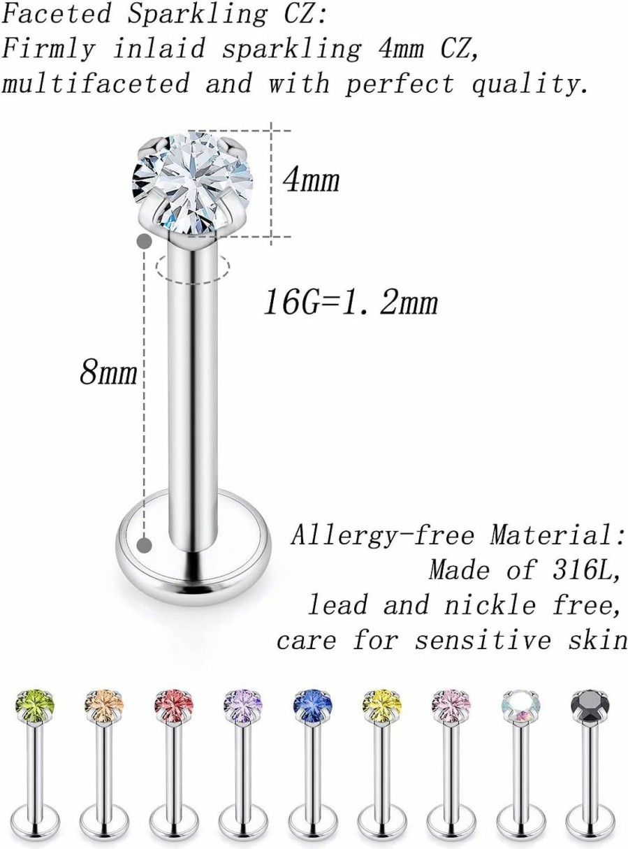 Xnsjeyy Xnsjeyy 16G Lip Rings For Women Stainless Steel Lip Studs Medusa Labret Monroe Lip Rings Piercing Tragus Helix Cartilage Forward Earring Piercing Jewelry For Women 2Mm 3Mm 4Mm Cz Silver 10Pcs 6-10Mm | Body Piercing Rings