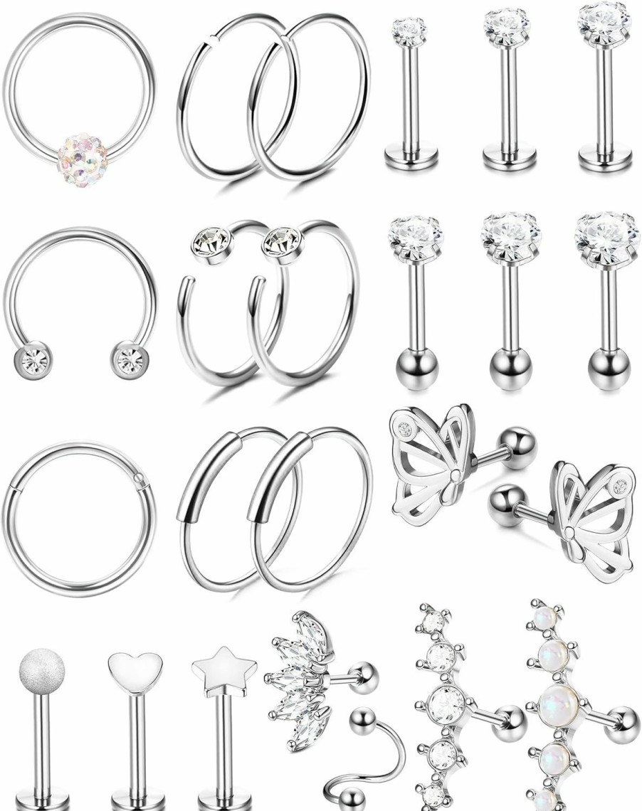 YADOCA Yadoca 24Pcs 16G Cartilage Earring For Women Men Surgical Steel Cartilage Stud Earring Hoop Set Lip Rings Cz Opal Hypollergenic Screw Back Earrings Helix Daith Conch Tragus Piercing Jewelry | Body Piercing Rings