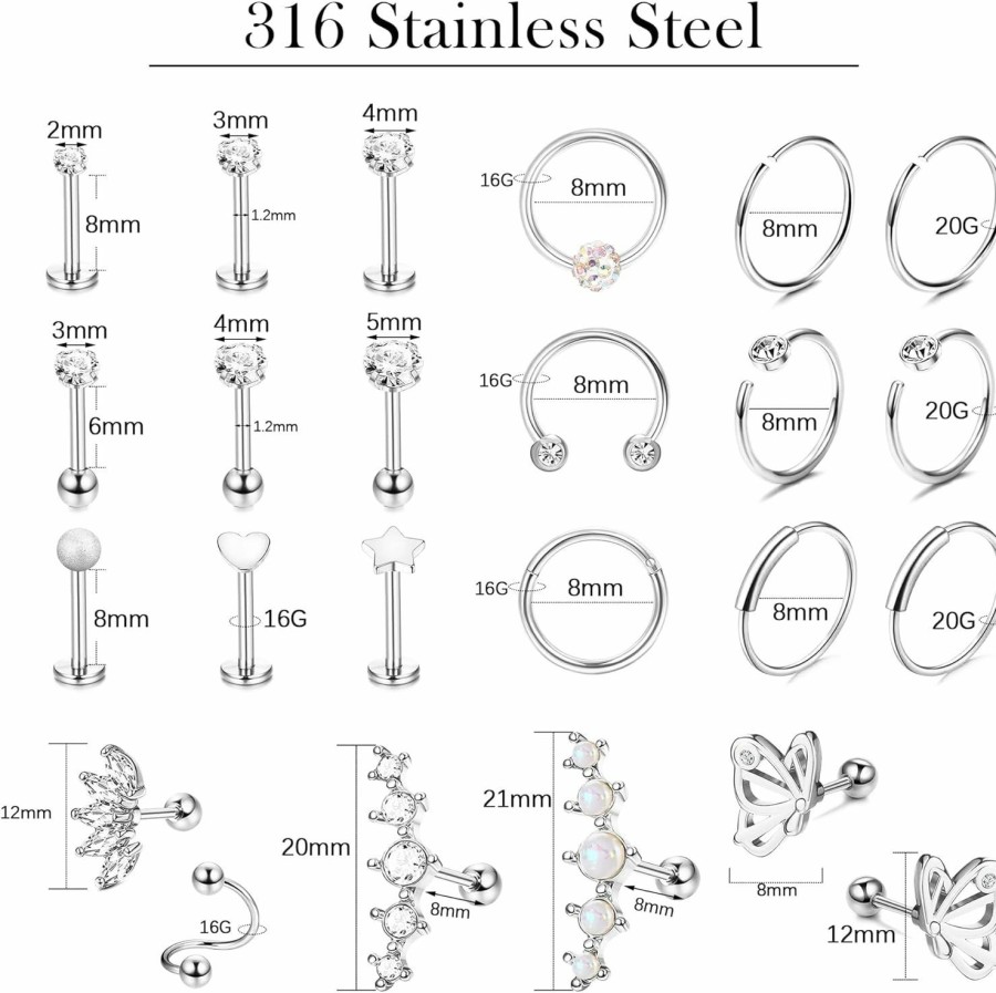 YADOCA Yadoca 24Pcs 16G Cartilage Earring For Women Men Surgical Steel Cartilage Stud Earring Hoop Set Lip Rings Cz Opal Hypollergenic Screw Back Earrings Helix Daith Conch Tragus Piercing Jewelry | Body Piercing Rings