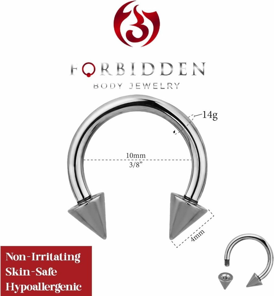 Forbidden Body Jewelry Forbidden Body Jewelry 14G 10 Mm (3/8\") Titanium Double Spike Horseshoe Body Piercing Ring, 4 Mm Cones | Body Piercing Rings