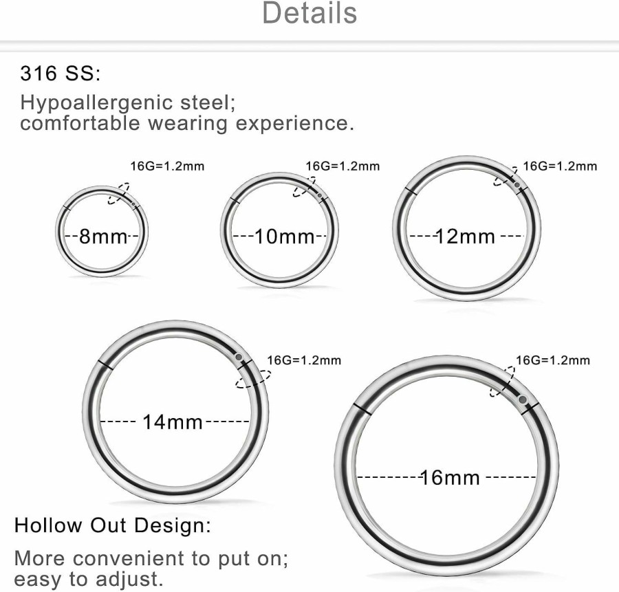 Dyknasz Dyknasz 10Pcs 16G Surgical Steel Hinged Clicker Segment Septum Lip Nipple Ring Hoop Cartilage Tragus Helix Sleeper Earrings Piercing Jewelry For Women Men 8Mm 10Mm 12Mm 14Mm 16Mm | Body Piercing Rings