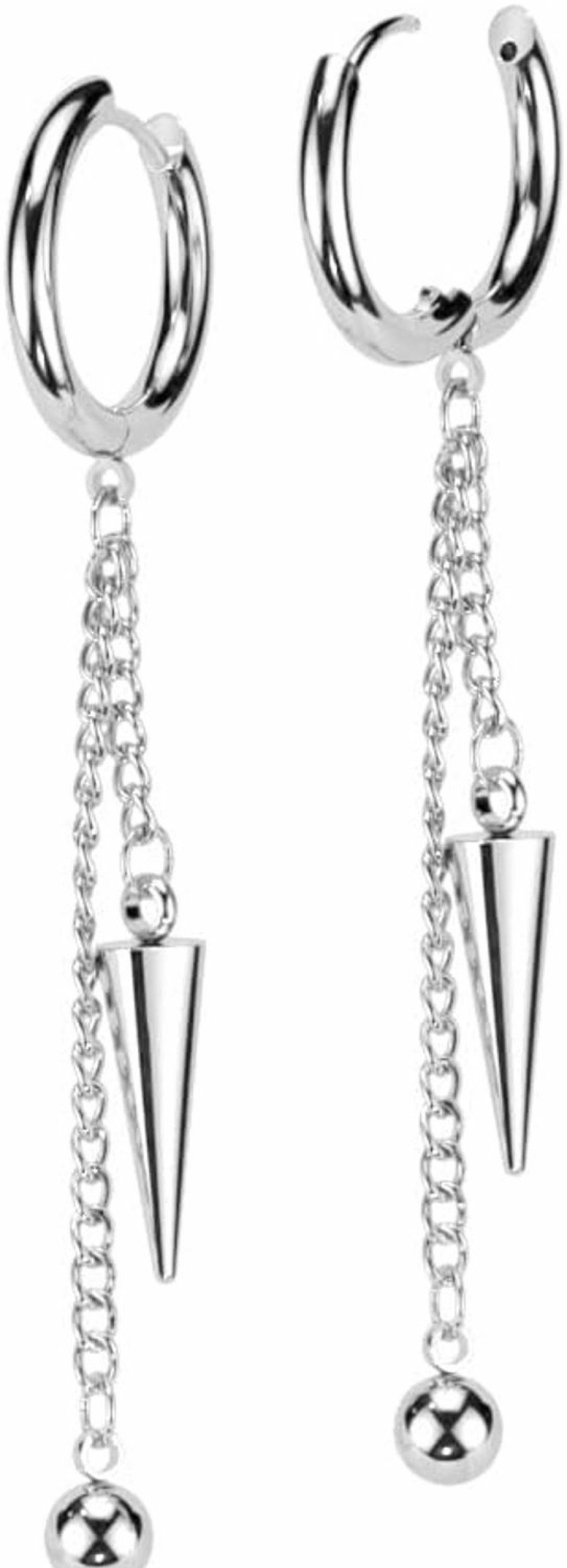 Pierced Owl 20Ga 316L Stainless Steel Dangling Chain With Ball And Cone Spikes Hinged Hoop Earrings, Sold As A Pair | Body Piercing Rings