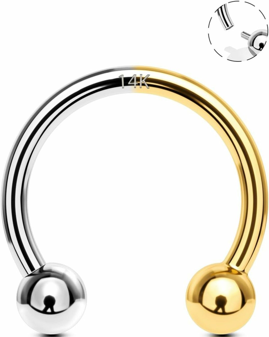 OUFER Oufer 16G Septum Rings Gold, 14K Solid Gold Septum Piercing Jewelry, Bi-Color Design Internally Thread Horseshoe Hoop Earring, Helix Daith Cartilage Conch Earrings For Women Men | Body Piercing Rings