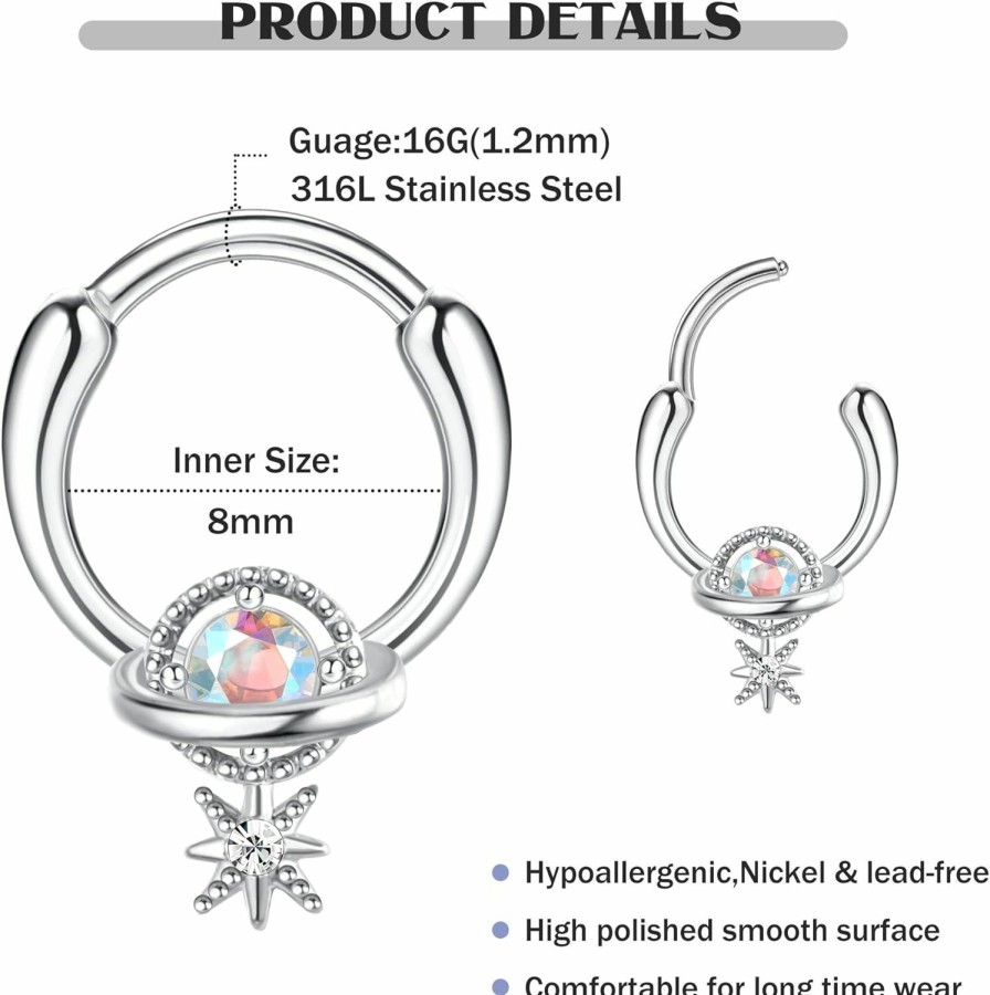 FINREZIO Finrezio 16G Septum Rings Stainless Steel Dangle Septum Jewelry With Blue Plant Clear Moon Sun Daith Cartilage Helix Tragus Earrings Nose Rings Piercing Jewelry For Women | Body Piercing Rings