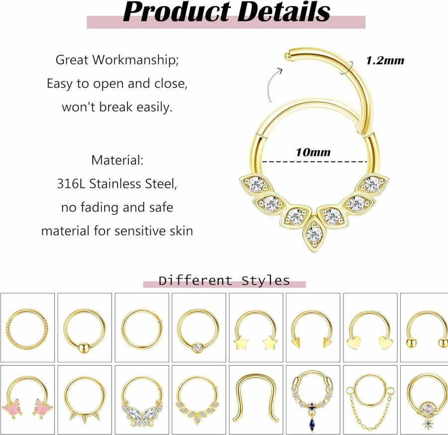 Florideco Florideco Gold Septum Rings 16G Surgical Steel Cute Septum Nose Rings Septum Piercing Butterfly Small Septum Daith Piercing Jewelry Septum Clicker 10Mm | Body Piercing Rings