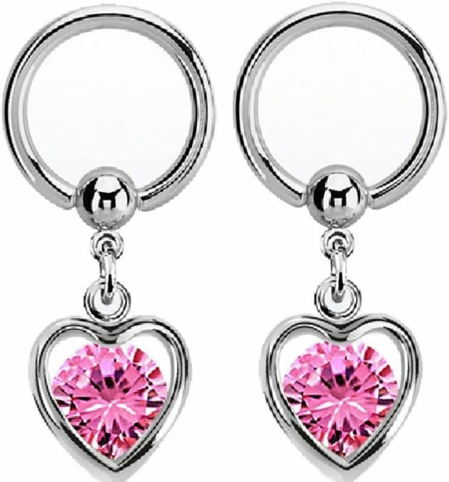 Pierced Owl Pierced Owl - 14Ga Crystal Enclosed Heart Dangling Captive Bead Nipple Rings, Sold As A Pair | Body Piercing Rings